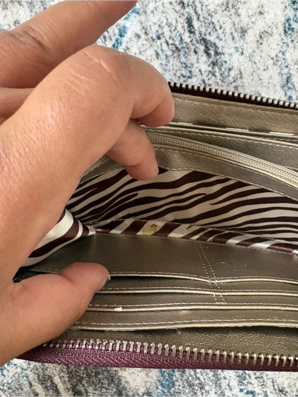 Dana Buchman Burgundy Pink Beige Striped Zip Wallet
